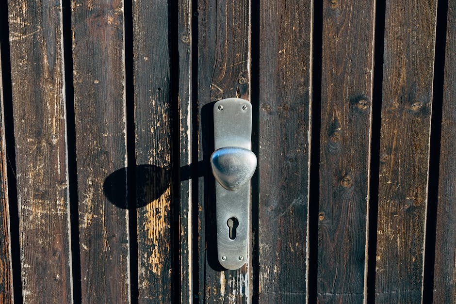 Detailed close-up of a metallic door knob and keyhole on a textured wooden door with natural light.