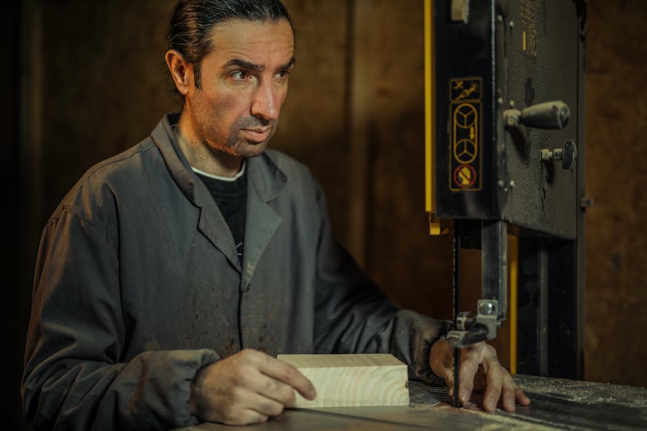 Focused carpenter operating a band saw while crafting wood in a workshop.